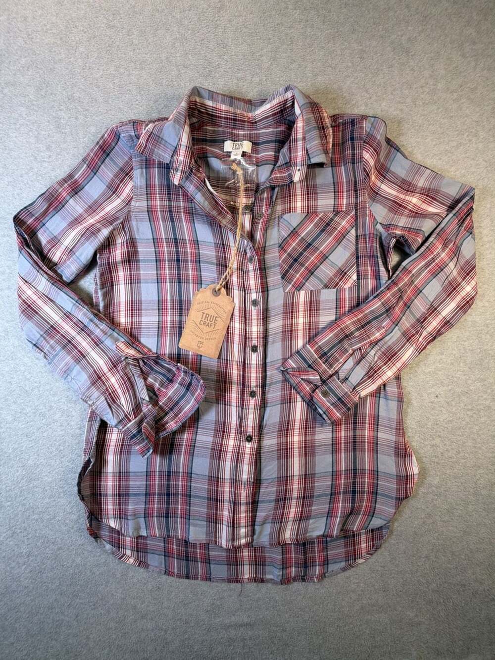 True Craft Women's Small Red Blue Plaid Button Down Long Sleeve Shirt NWT
